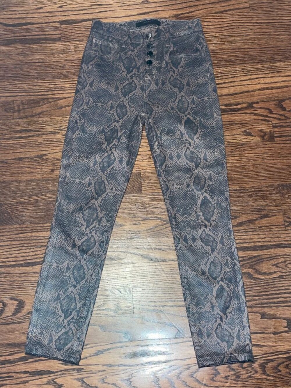 J Brand Size 24 Coated Snake Print Skinny Lillie Jeans Brown Button Fly USA